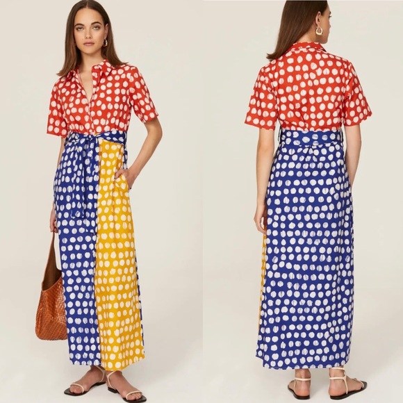Busayo Dresses & Skirts - Busayo Collective Color-block Dot Shirt Maxi Dress Button Short Sleeve - Size 4